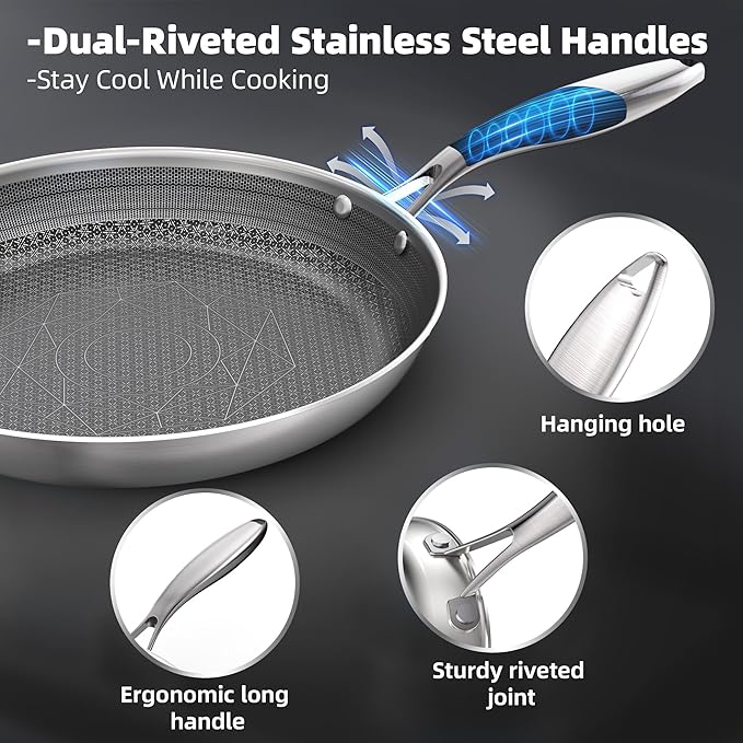 COOKER KING Lot de 3 poêles en acier inoxydable (8 + 10 + 12 pouces), poêles antiadhésives, compatible induction, poêle chef, passe au lave-vaisselle et au four, poignées isolantes, compatible avec tous types de plaques