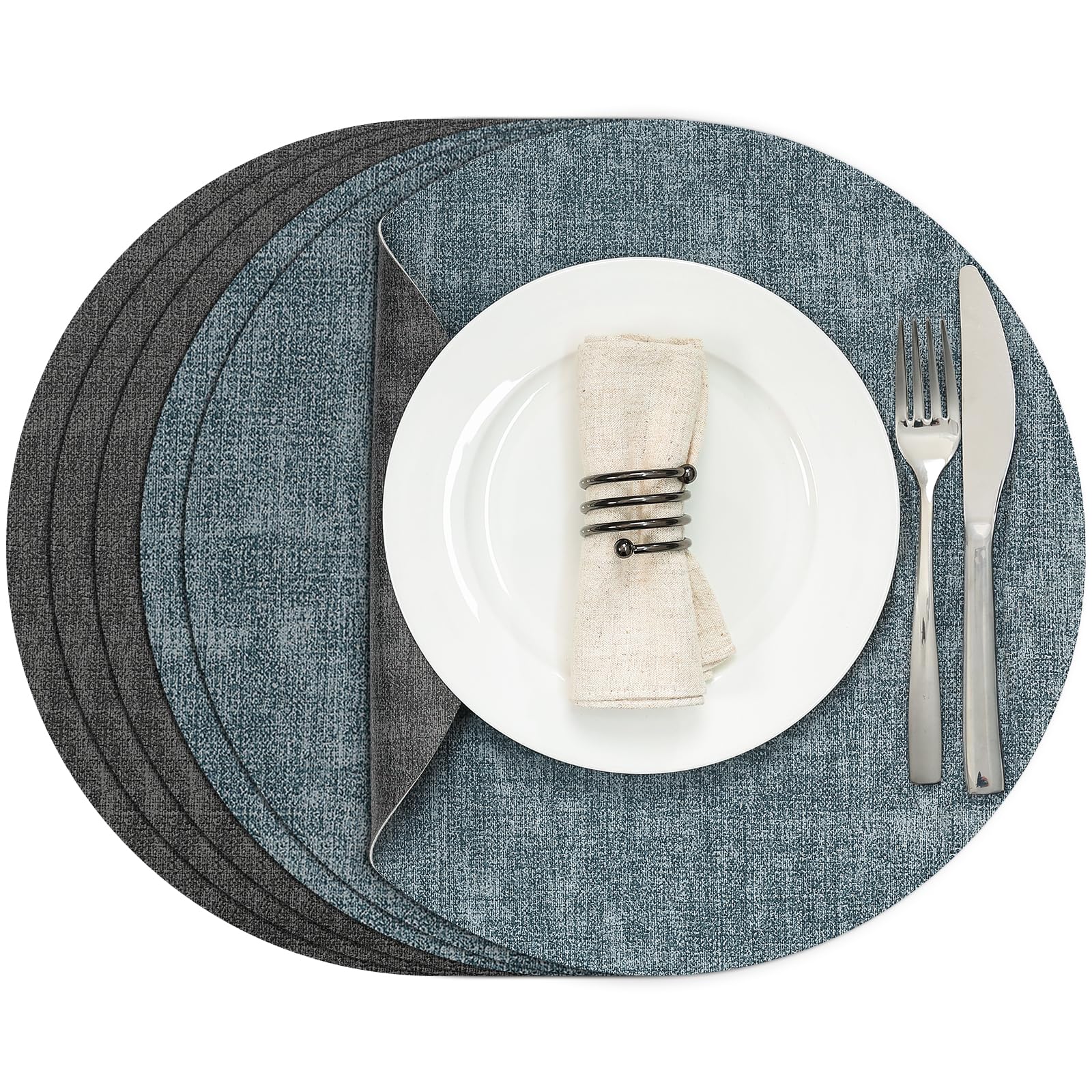 WhereHike Sets de table ronds de 14,9 po, Tapis de table double face en similicuir résistants à la chaleur, Sets de table protecteurs imperméables, résistants à l'huile et lavables, Vinyle essuyable pour utilisation intérieure et extérieure, 6 pièces