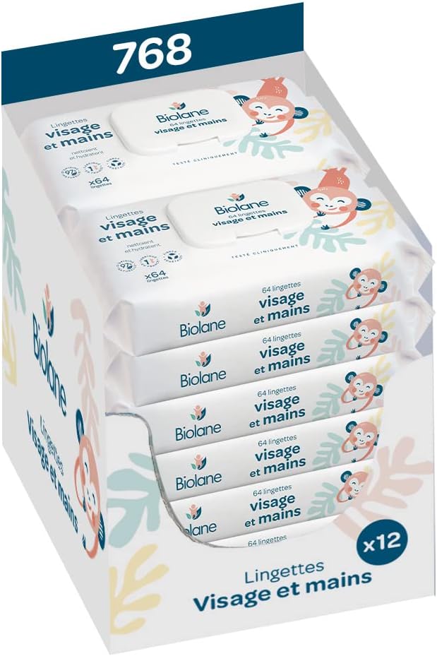 Biolane - Lot de 12 paquets - 768 lingettes (12x64) Lingettes pour le visage et les mains de bébé - Peaux sensibles - 97 % d'ingrédients d'origine naturelle