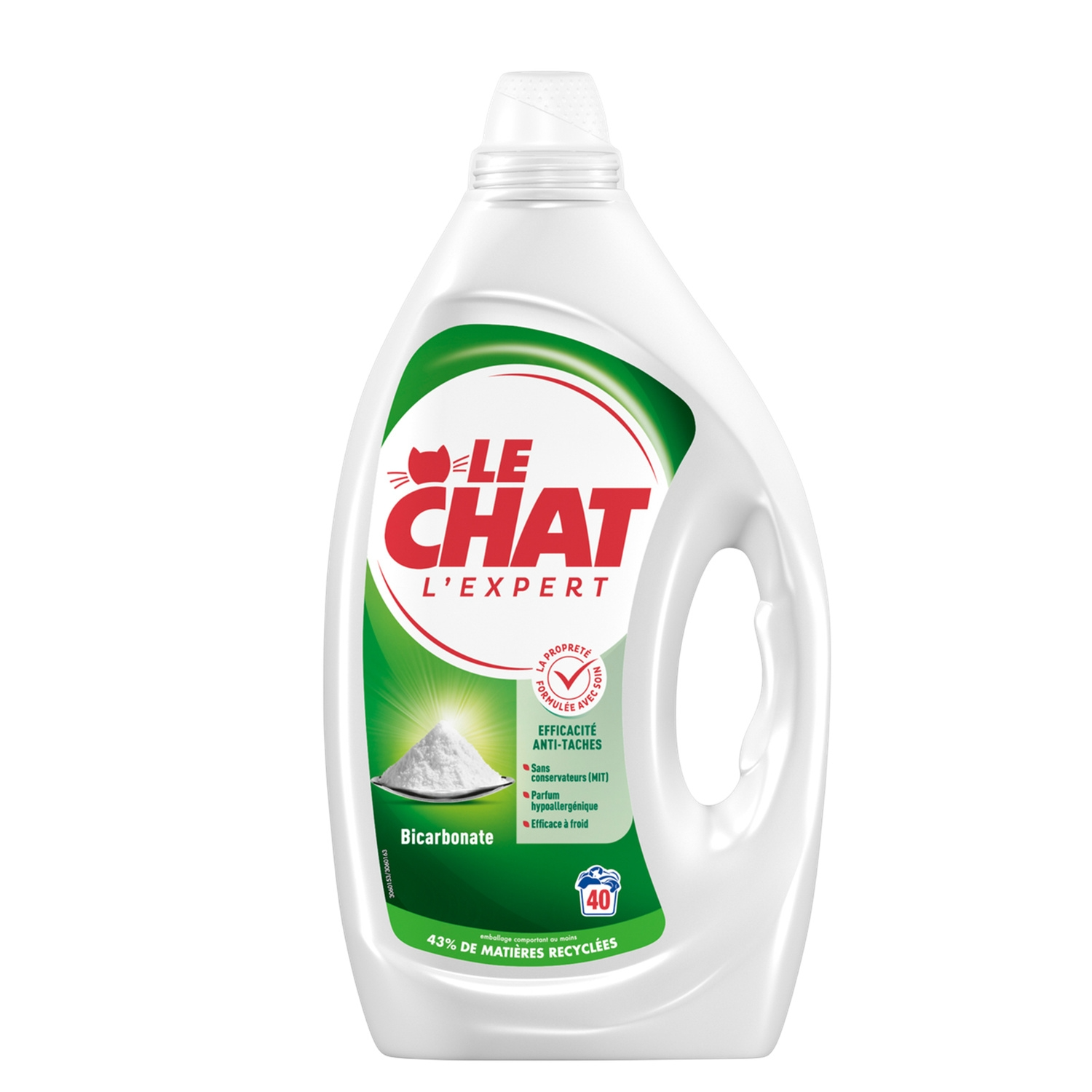 Le Chat Expert Lessive Liquide Bicarbonate de Soude, Anti-Taches, Hypoallergénique, Lavage à Froid, 40 Lavages, 1,8 L