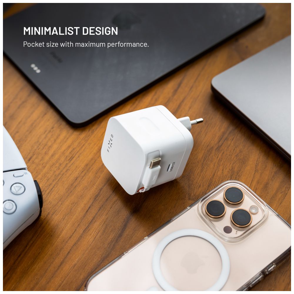 FIXED Chargeur de voyage GaN 65W avec câble rétractable, double USB-C, Charge Rapide PD 3.0, Blanc