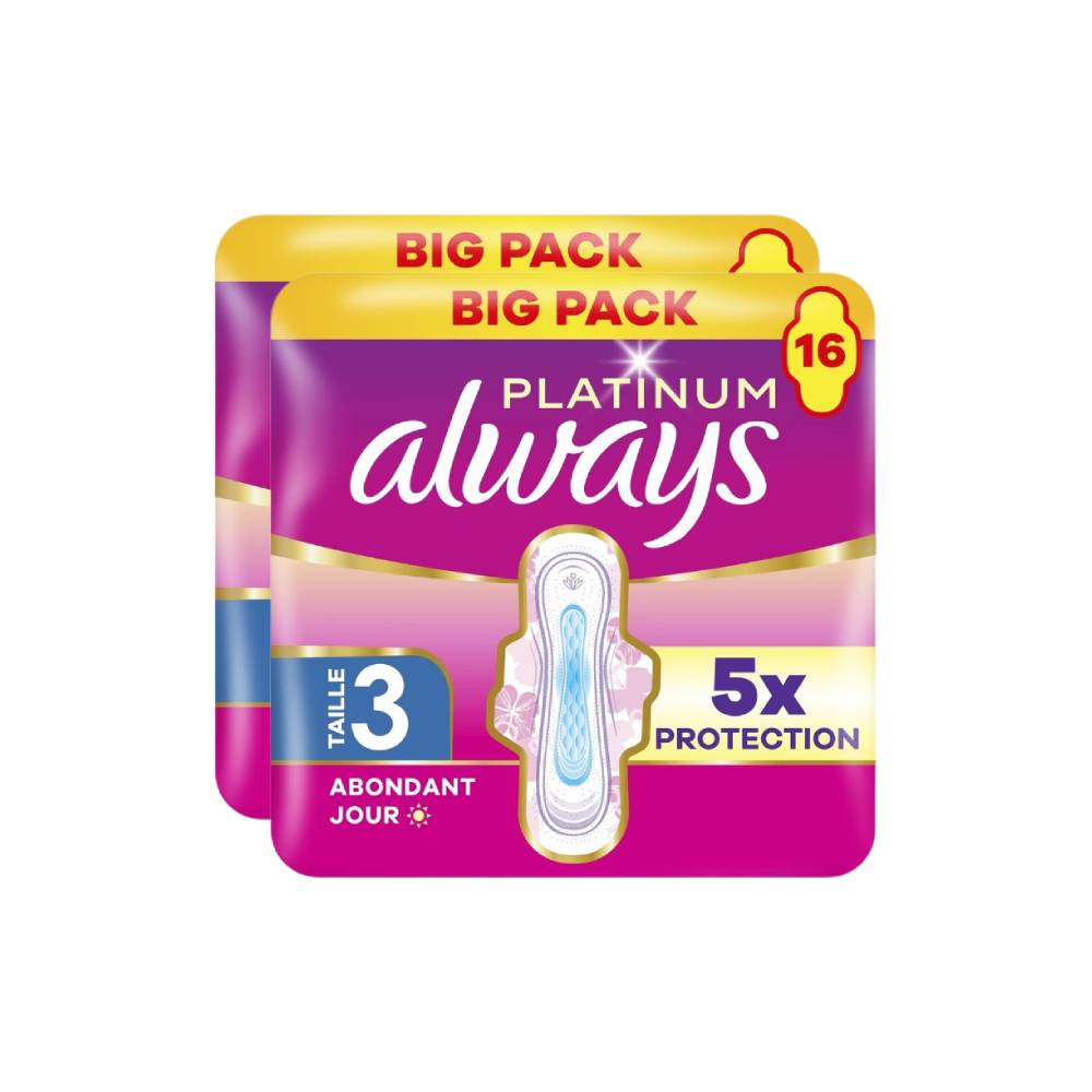 Always Platinum Day Serviettes Hygiéniques Avec Ailettes Flux Abondant Taille 3 - 32 Unités (2 Paquets de 16)