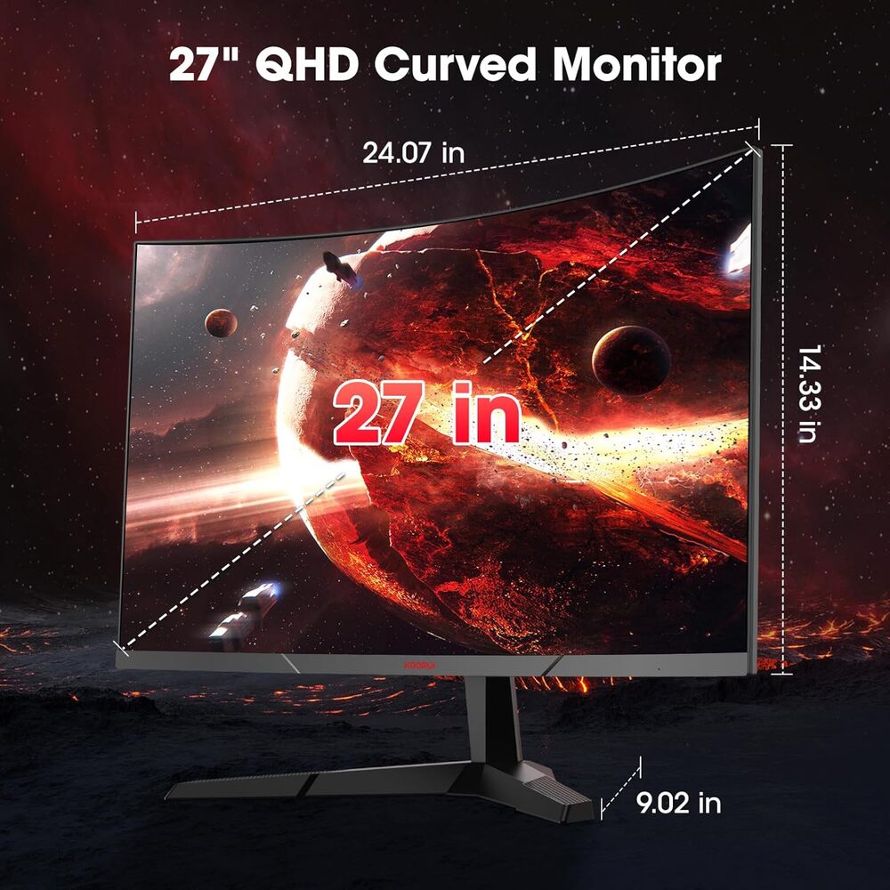 KOORUI Moniteur de jeu incurvé QHD 27 pouces, 2560*1440, 180 Hz 1 ms, DCI-P3 85 %, Inclinaison réglable, HDMI/DP, MG27A12QV3