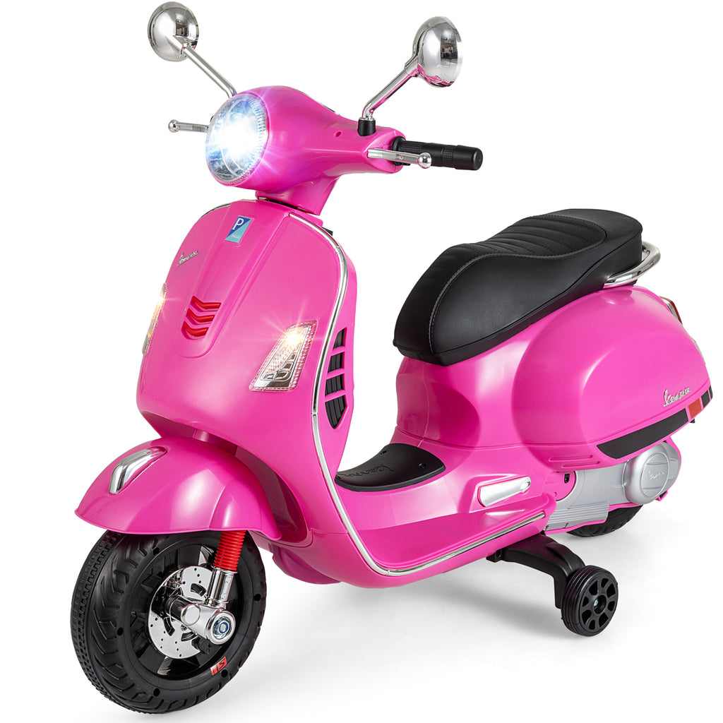 Costway Scooter électrique pour enfants Vespa sous licence 12 V, Scooter motorisé 4 roues avec musique, klaxon, histoires et roues stabilisatrices, 3-6 ans, Rose