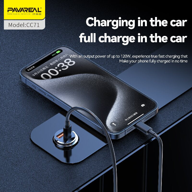 PAVAREAL CC71 Mini Chargeur de voiture PD 20 W + 100 W Prend en charge la charge rapide des gammes iPad, Samsung, iPhone