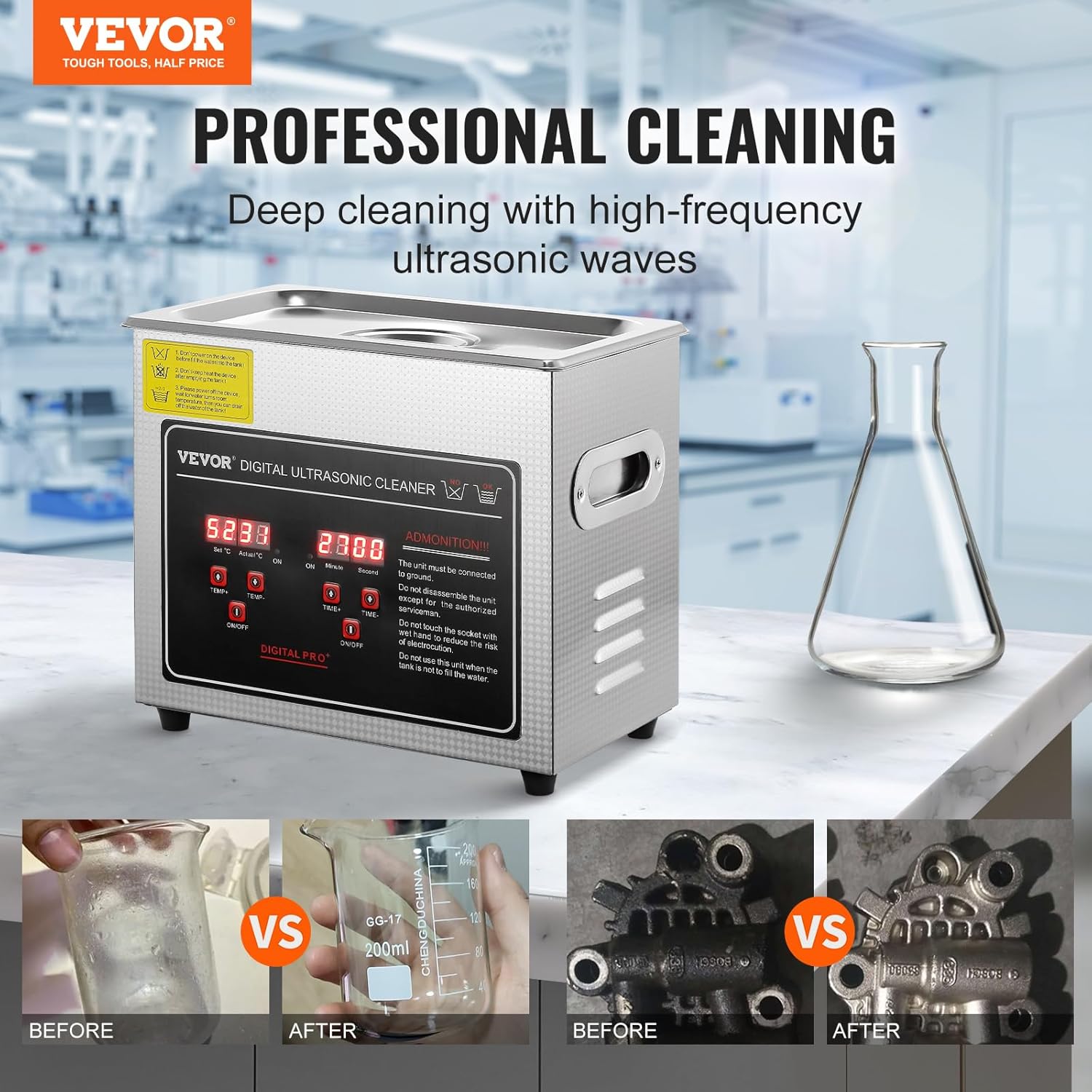 VEVOR Nettoyeur ultrasonique numérique 3 L avec écran LED, prise EU 220 V, machine de nettoyage en acier inoxydable pour bijoux, lunettes et outils