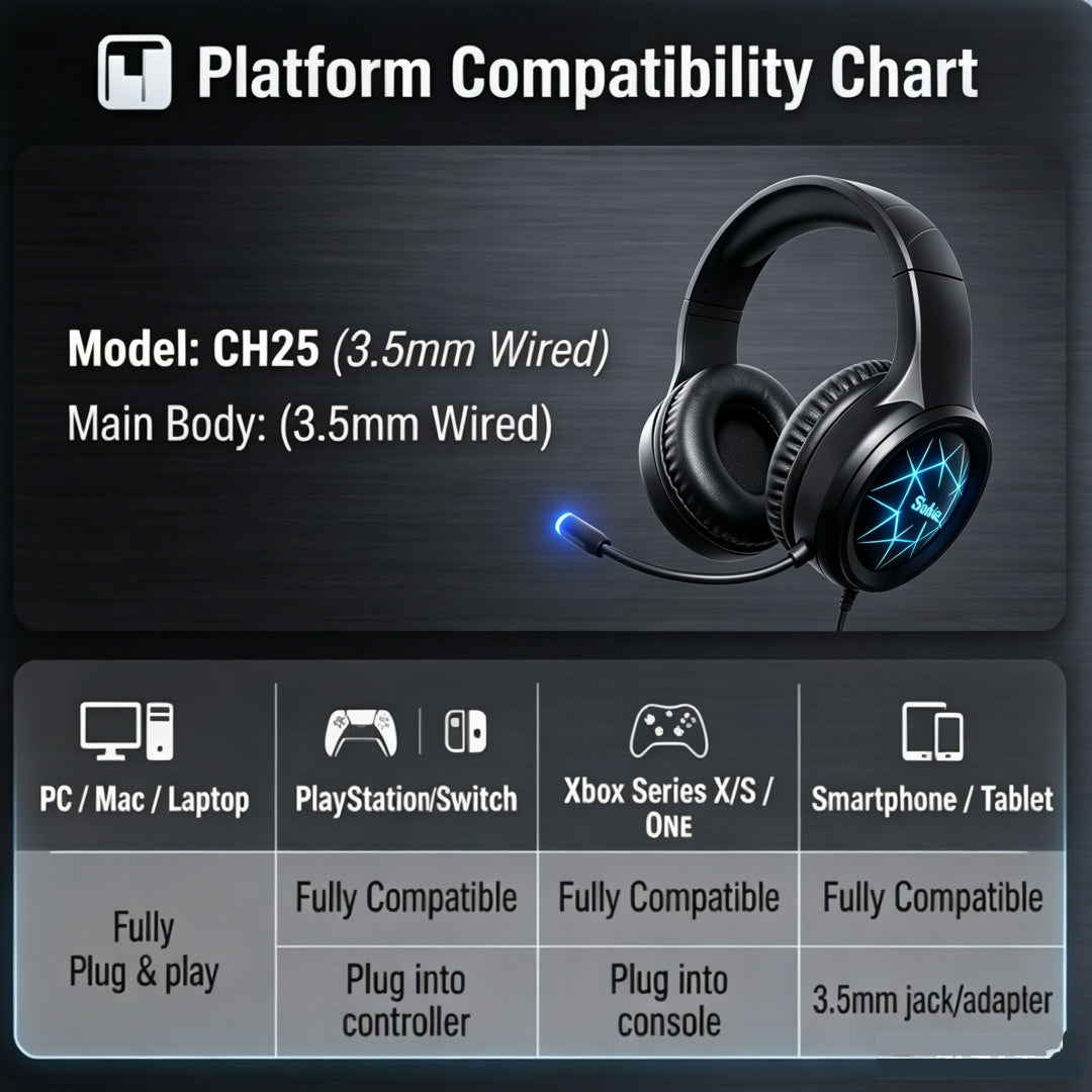 Siukie CH25 Casque de jeu avec micro antibruit, casque circum-auriculaire filaire à transducteurs 50 mm avec USB et jack 3,5 mm, rétroéclairage LED Bleu, son stéréo enveloppant