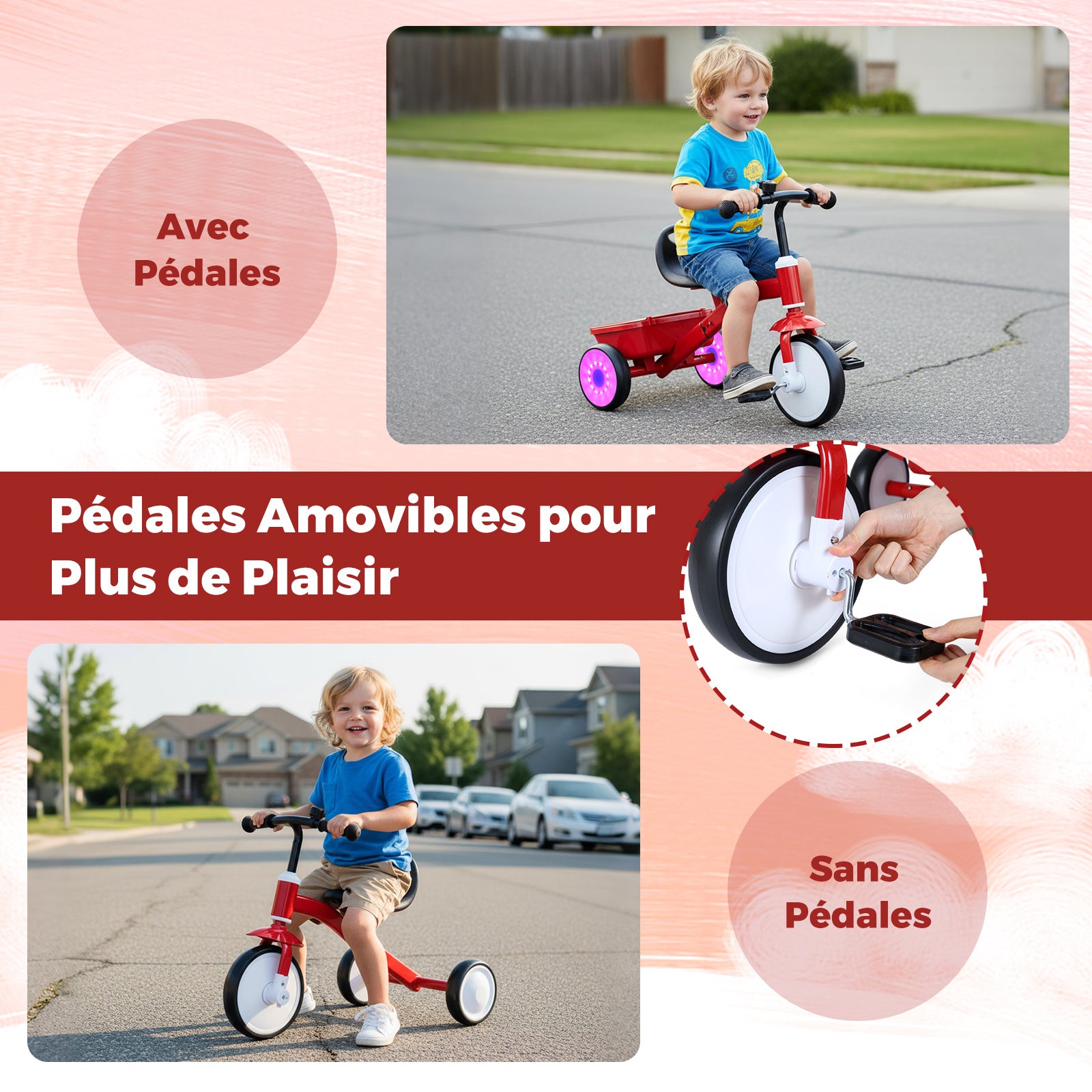 Tricycle pour enfants avec roues lumineuses et siège réglable à 4 positions