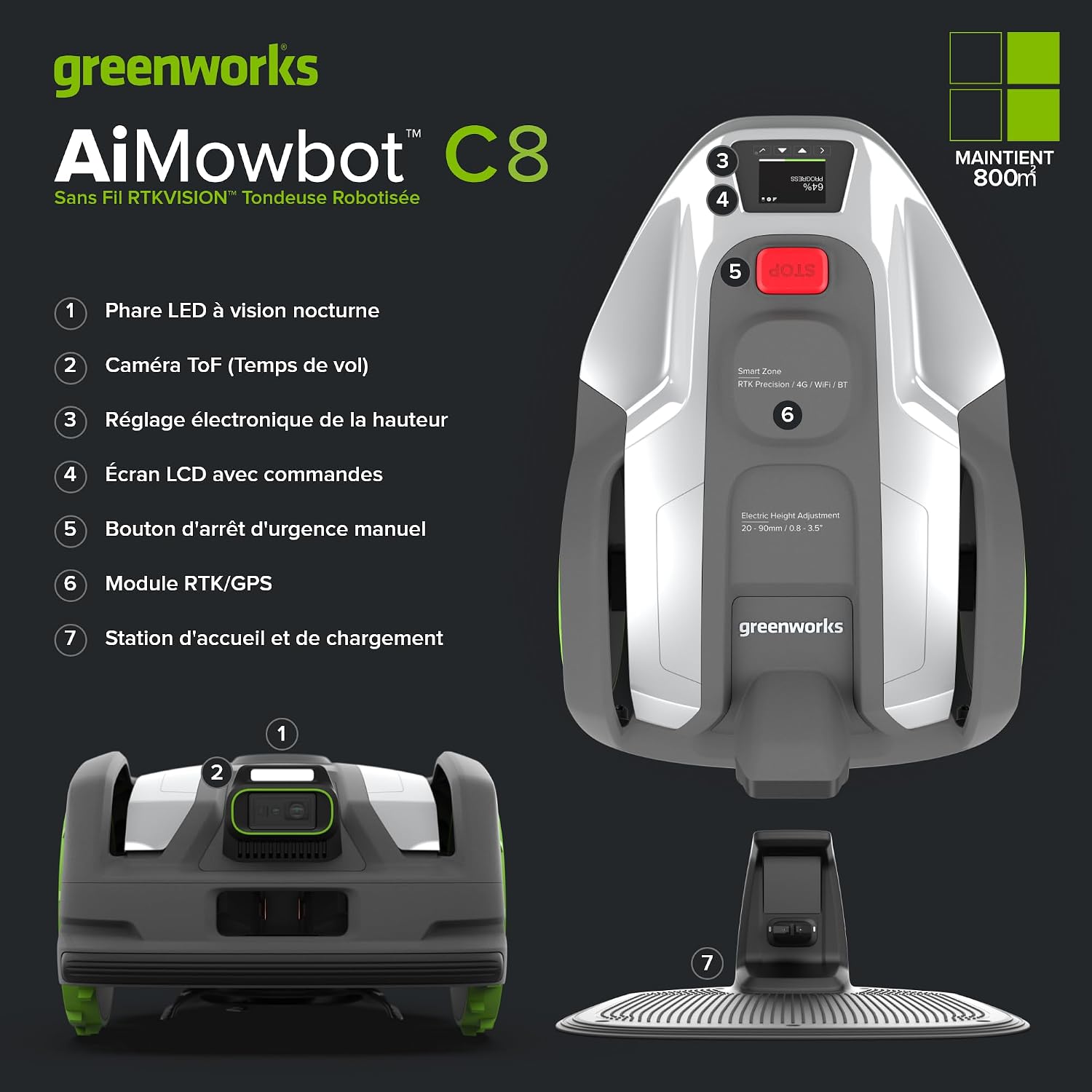greenworks AI Mowbot C8 Robot-tondeuse sans fil sans fil périphérique, Max. 800 m², Navigation RTK, Cartographie automatique, Bordure virtuelle, Contrôle multi-zones, Extrêmement silencieux