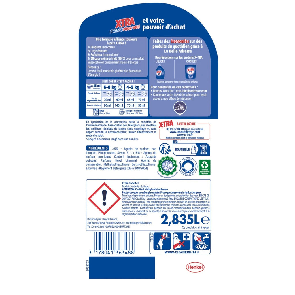 X-TRA Total Lessive Liquide 4 en 1, Tous Textiles, Lavage à Froid, 63 Lavages, 2,835 L