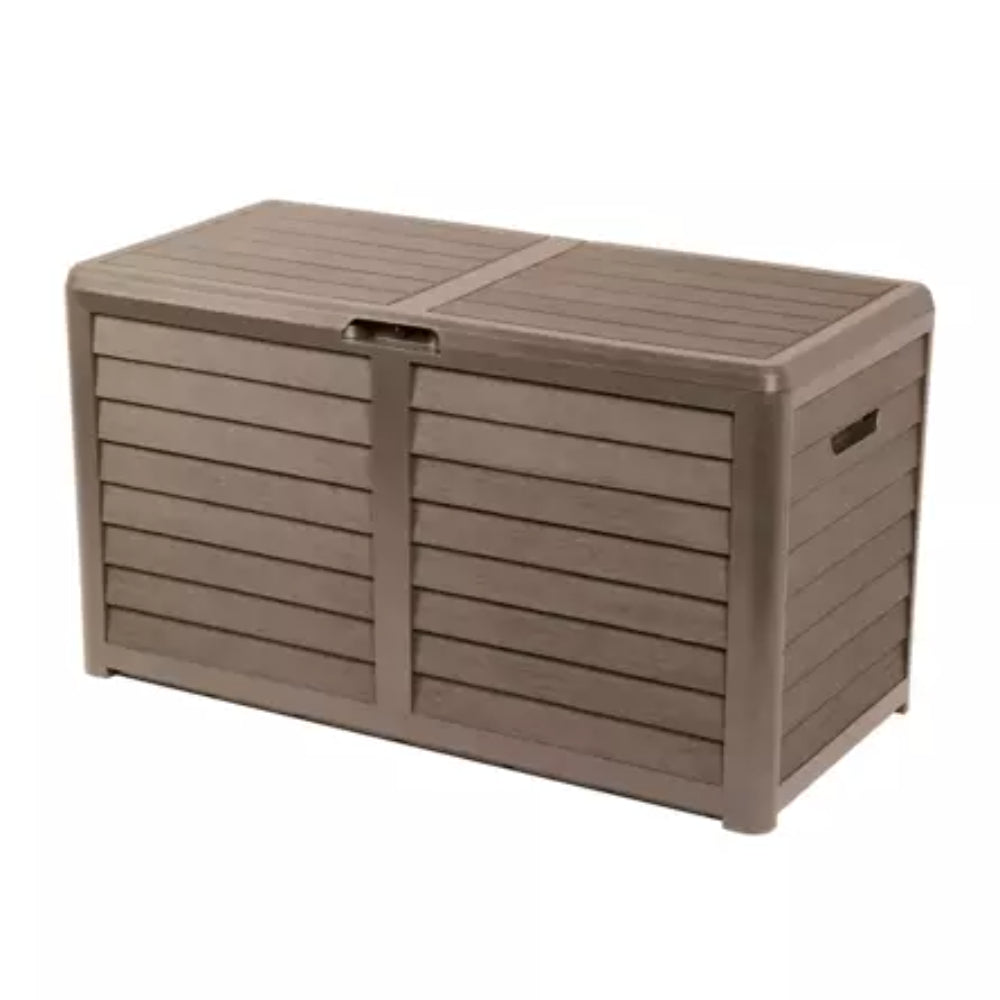EDA BAYA Coffre de jardin 420 L - Effet bois, ventilé, protection UV, cadenassable, assemblage sans outils - Taupe - 117,3 x 54,8 x 65,3 cm
