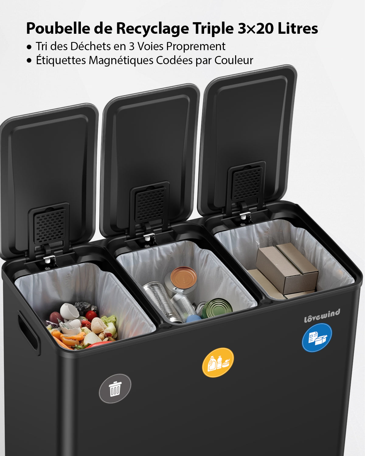 Poubelle de cuisine 60 L (3 x 20 L) en acier inoxydable, poubelle et bac de recyclage combinés avec couvercle à fermeture douce, poubelle à pédale à double compartiment pour recyclage, noir
