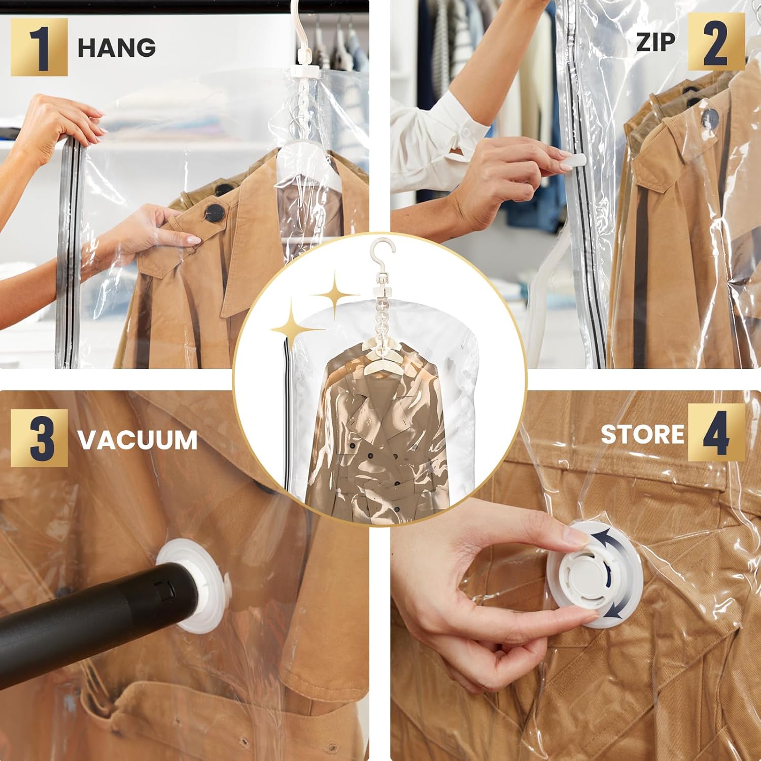 Taili Sacs de rangement sous vide à suspendre, gain de place, pour vêtements, costumes et vestes, transparent (3 longs, 3 courts)