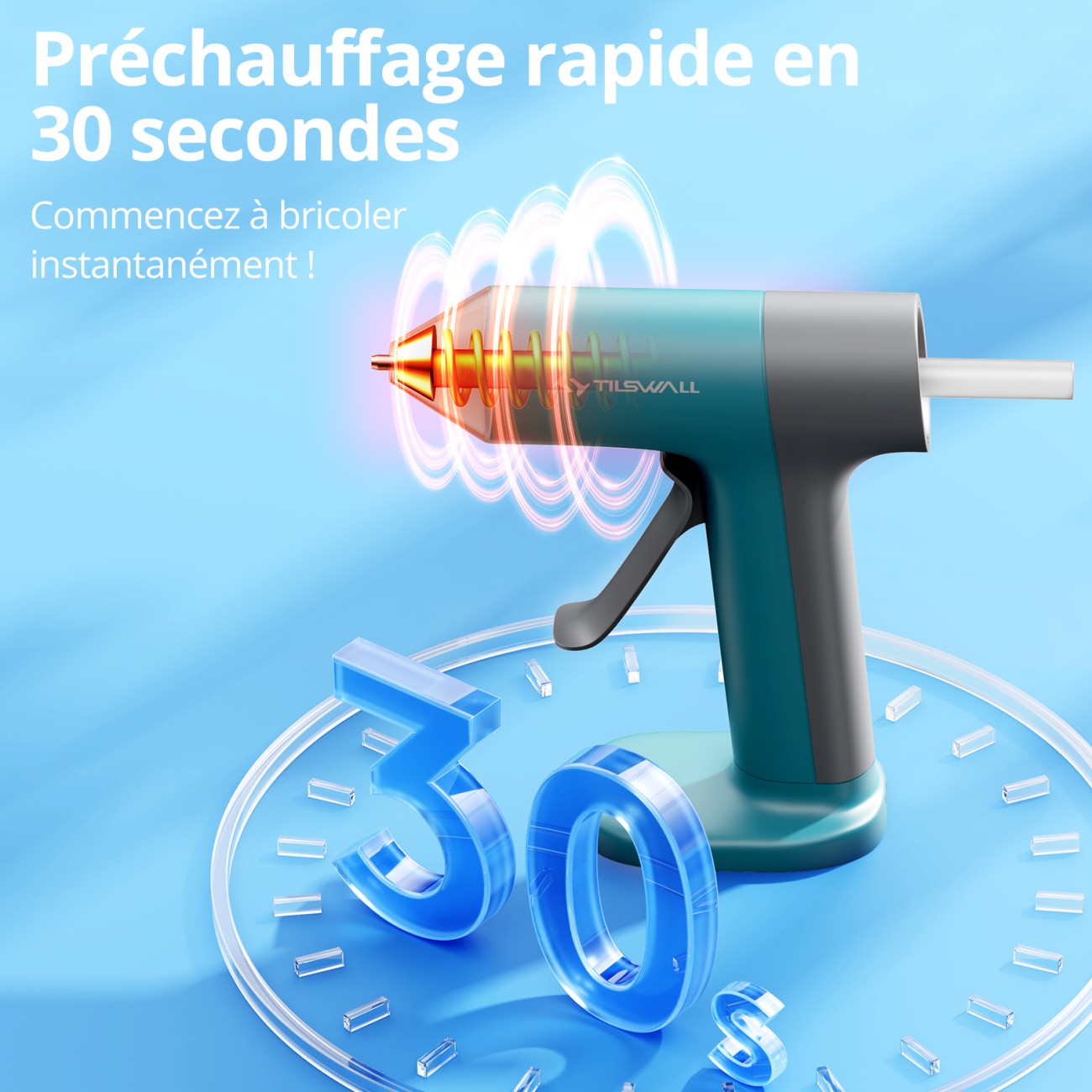 TILSWALL Ideal Mini pistolet à colle chaude sans fil avec 20 bâtons de colle 7 x 140 mm, Rechargeable USB-C, Chauffage rapide 30 s, Buse anti-goutte, Bleu