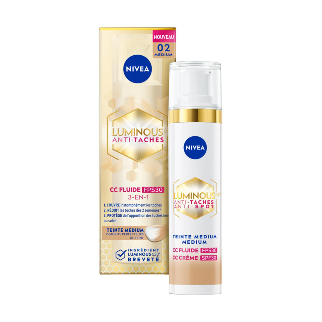 NIVEA Luminous630 Visage CC Fluide Anti‑Taches 3‑en‑1 FPS30 Teinte Medium 40 ml