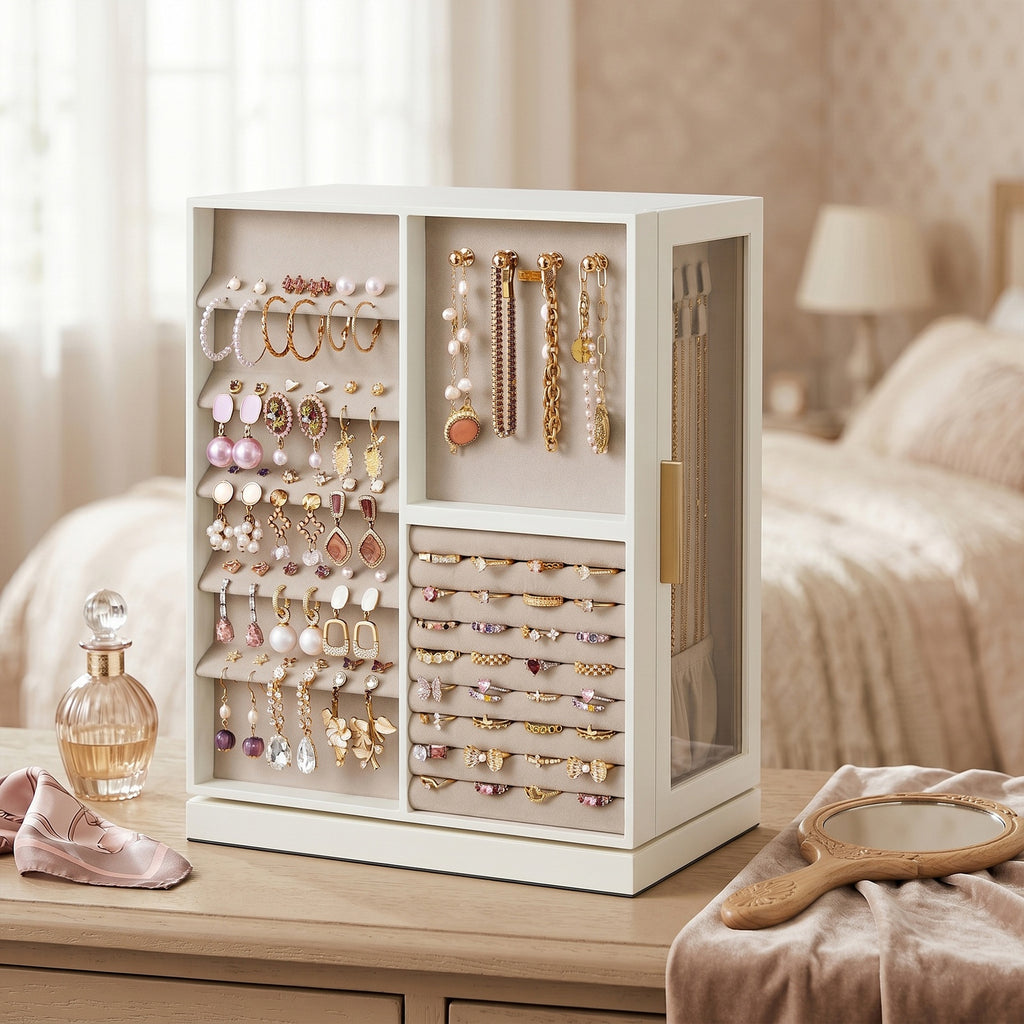 JOYFURNOS Organisateur de bijoux rotatif à 360°, Boîte de rangement verticale avec fenêtre en verre, 7 tiroirs, Idée cadeau, Blanc