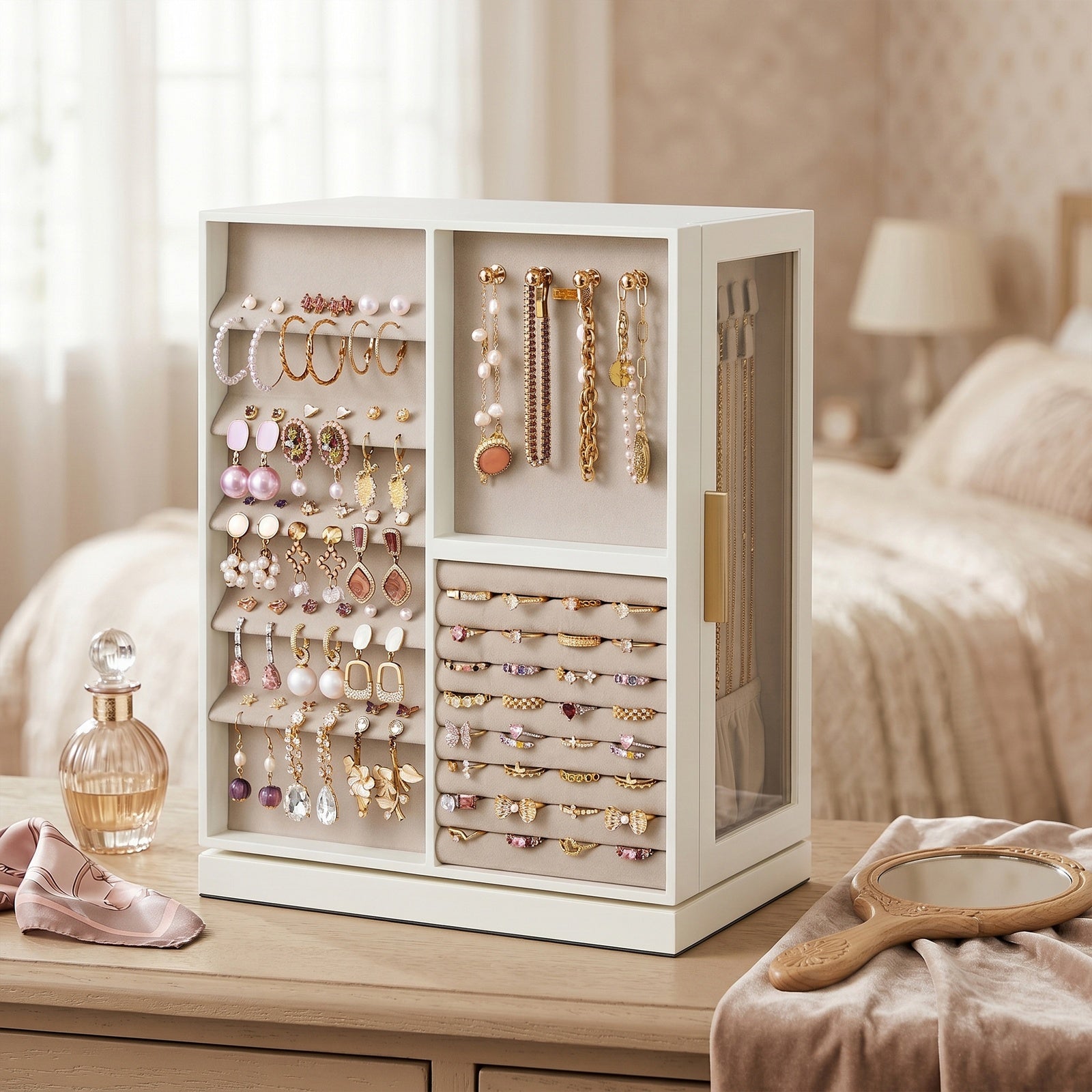 JOYFURNOS Organisateur de bijoux rotatif à 360°, Boîte de rangement verticale avec fenêtre en verre, 7 tiroirs, Idée cadeau, Blanc