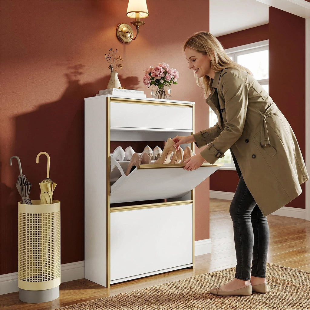HaluPeit Meuble à chaussures étroit avec tiroir, 2 portes battantes, 4 étagères réglables, Pour couloirs, 60 x 24 x 104,5 cm, Blanc et doré