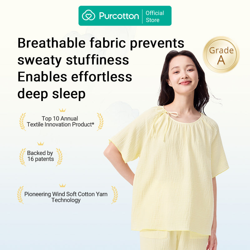 Purcotton Ensemble de loungewear en gaze Airysoft pour femme - Style pantalon long, respectueux de la peau, style reposant et décontracté - Jaune citron - Haut : 165/88A ; Bas : 165/72A