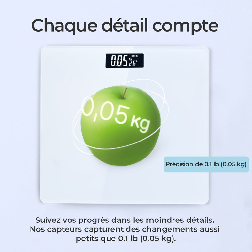 Sparoma AD-26 Pèse-personne électronique avec capacité de 180 kg, haute précision de 0,05 kg, verre trempé de 4 mm et écran LCD, blanc - Alimenté par 2 piles AAA (piles non incluses)