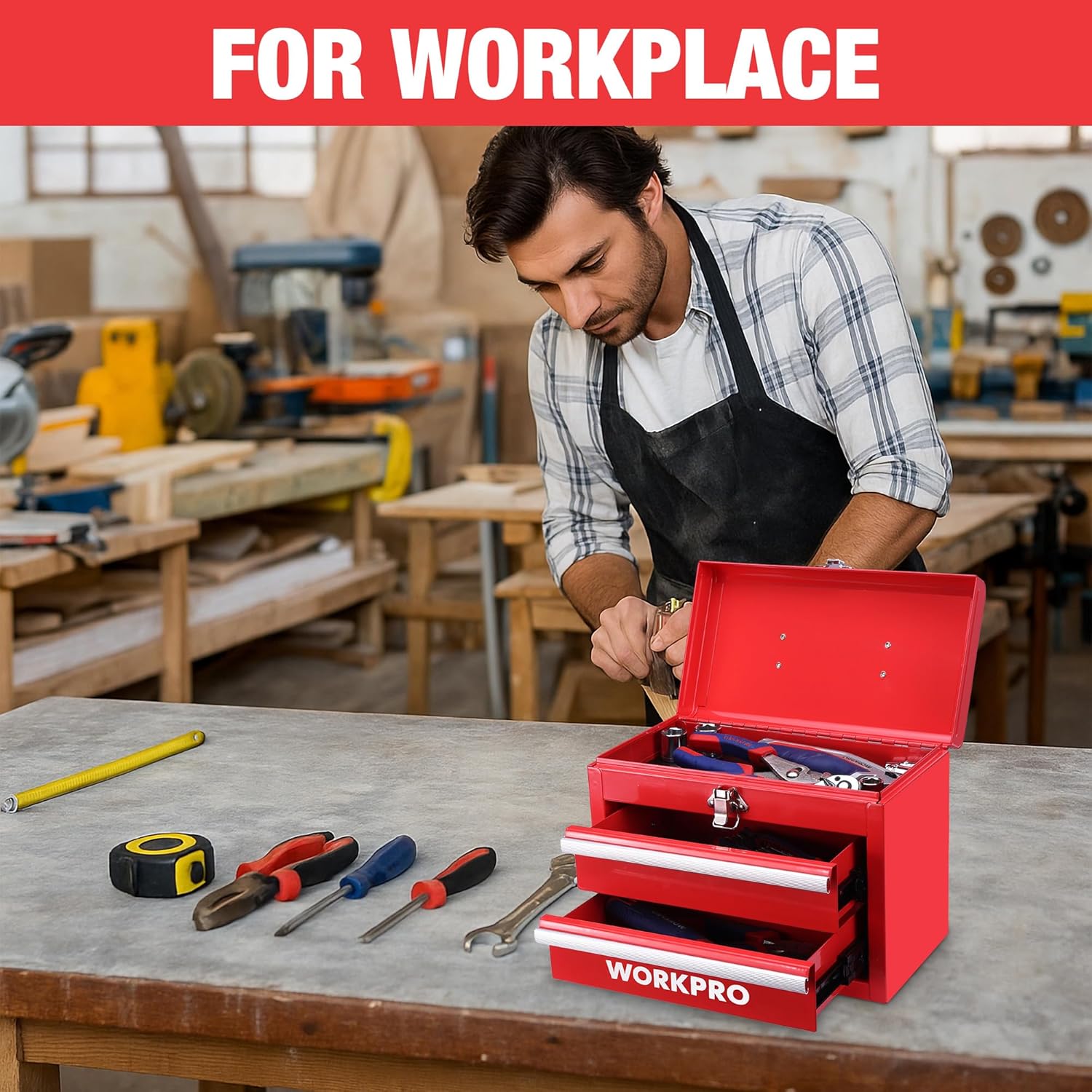 WORKPRO Mini portable, boîte en acier à double compartiment (glissière à rouleaux améliorée, avec serrure et poignée) - Rouge