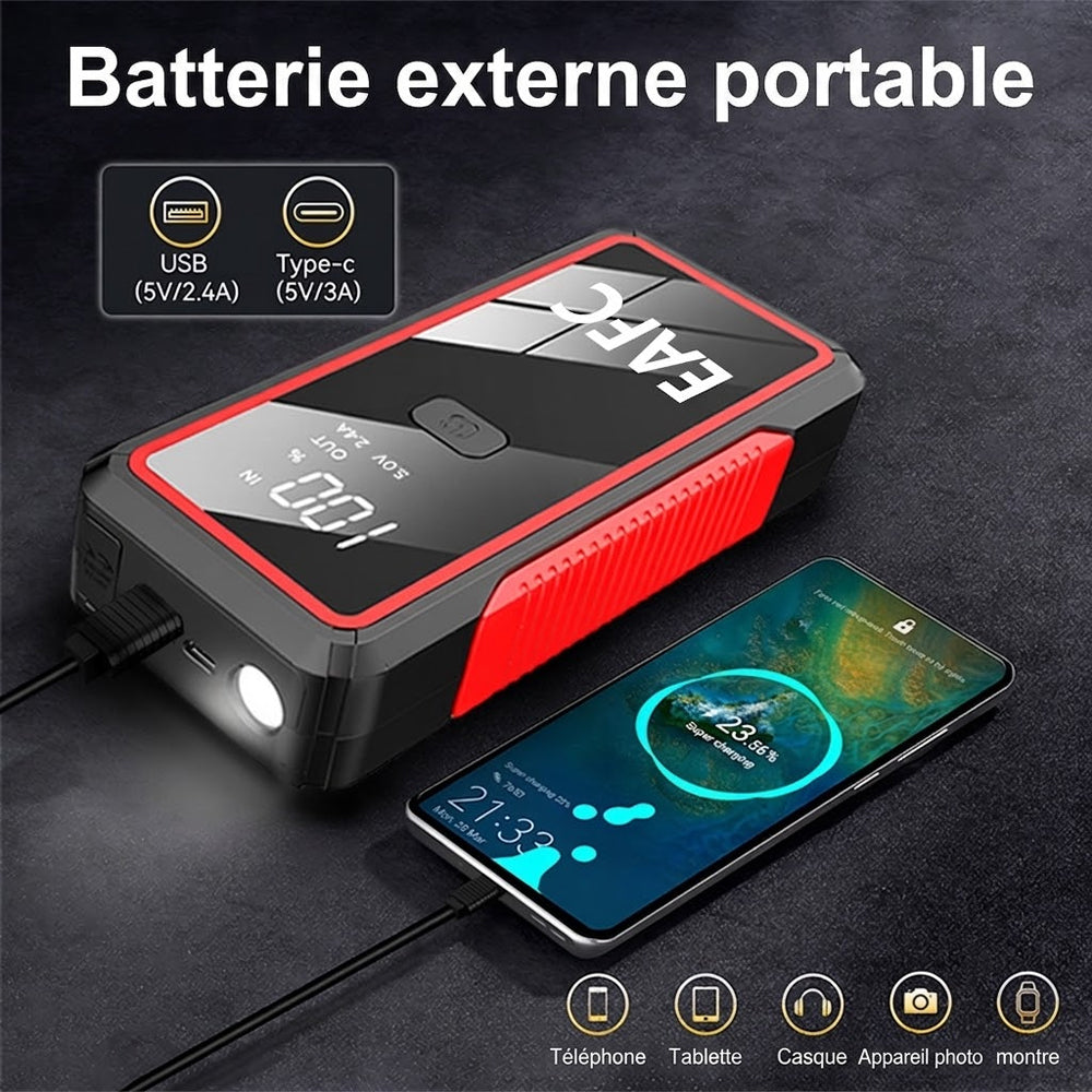 EAFC 2000A Démarreur de Voiture 12 V - 10000 mAh Batterie d'Urgence Portable avec Lampe de Poche LED, Booster de Batterie pour Véhicules Essence/Diesel avec Protection de Sécurité