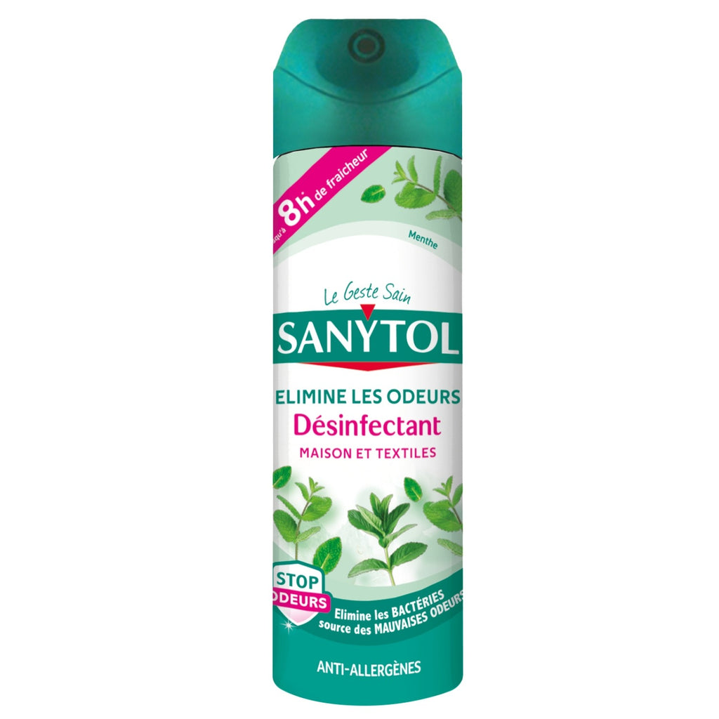 Sanytol Spray Désodorisant Désinfectant 3 en 1 pour Maison & Textiles, Stop aux Odeurs, Menthe, 300 ml