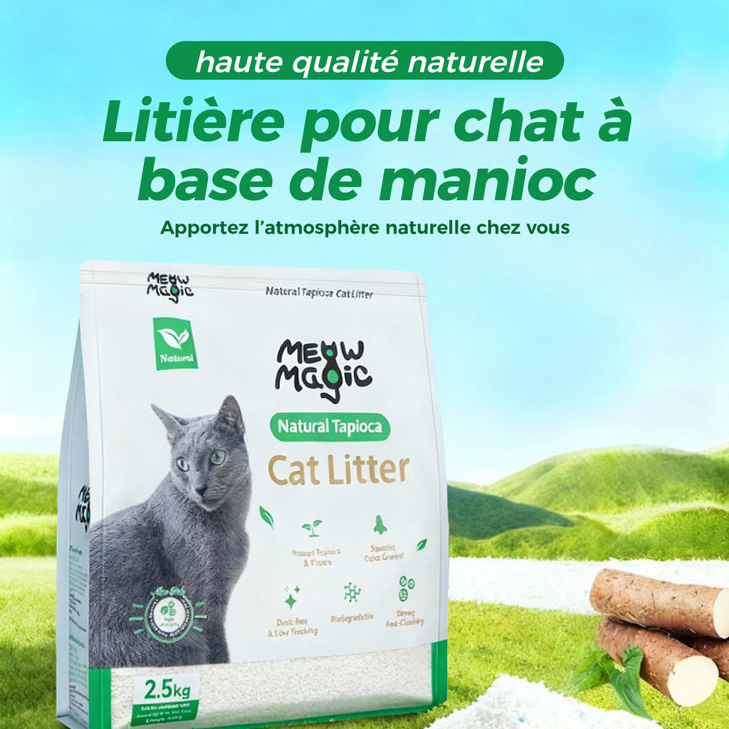 Meowmagic Litière pour chat, mélangeable avec toute autre litière pour éviter que les pattes ne collent, (cassave naturelle), 6 x 2,5 kg