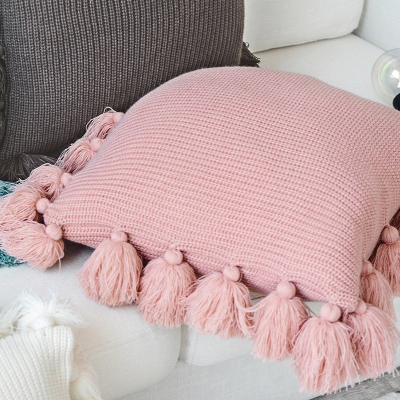 MEROPE, Housse de coussin en acrylique tricoté à franges, 50x50 cm, rose, 1 pack