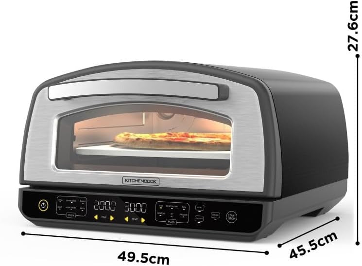 KitchenCook - Four à pizza - 2000 W - Jusqu'à 450 °C - 12 programmes - Plaque de cuisson en acier inoxydable émaillée, pelle à pizza et coupe-pizza