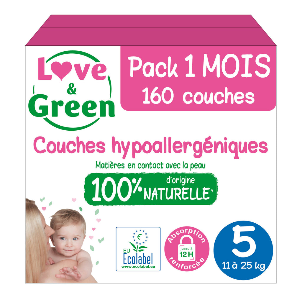 LOVE & GREEN Couches Écologiques Hypoallergéniques Pour Bébé Taille 5 11-25 kg - Pack Mensuel De 4 (160 Couches Au Total)