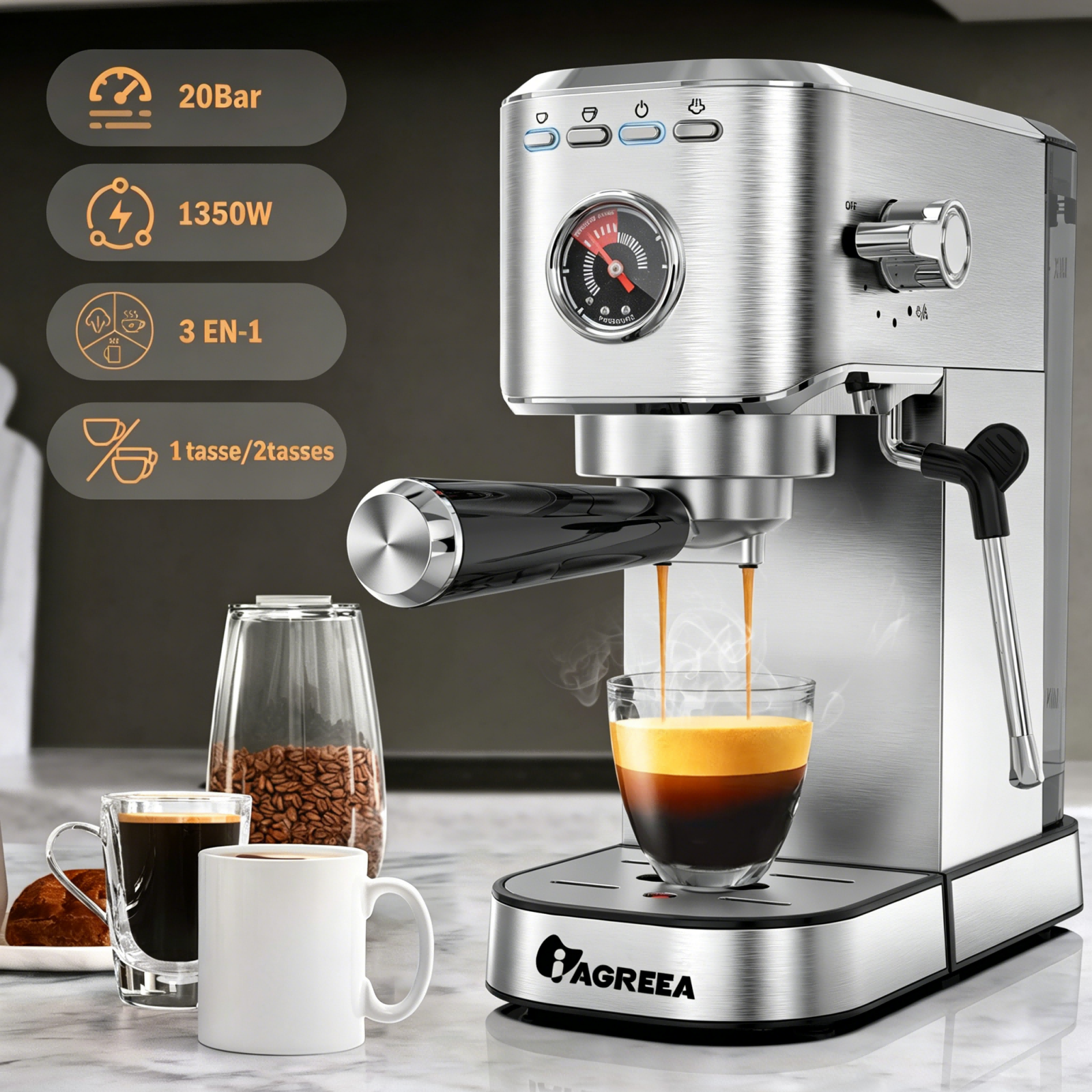 IAGREEA Machine à expresso professionnelle 20 bars avec manomètre, buse vapeur et plateau chauffe-tasses, machine à café à simple/double dose, réservoir d'eau amovible de 1,1 L