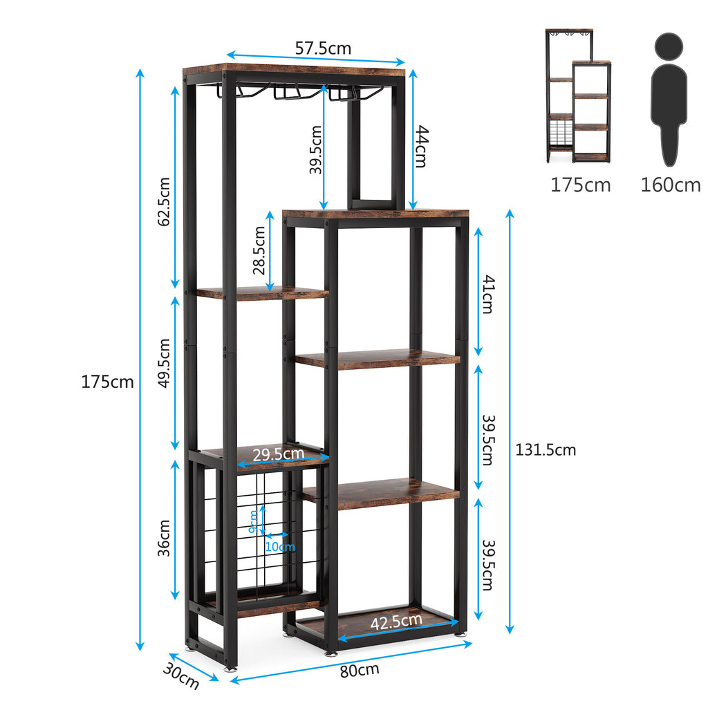 LANTINE Casier à vin, Base autoportante, Étagère à vin de cuisine 5 niveaux avec porte-verres et rangement à vin, Casier à vin industriel, Meuble bar à vin, Pour bar, cuisine