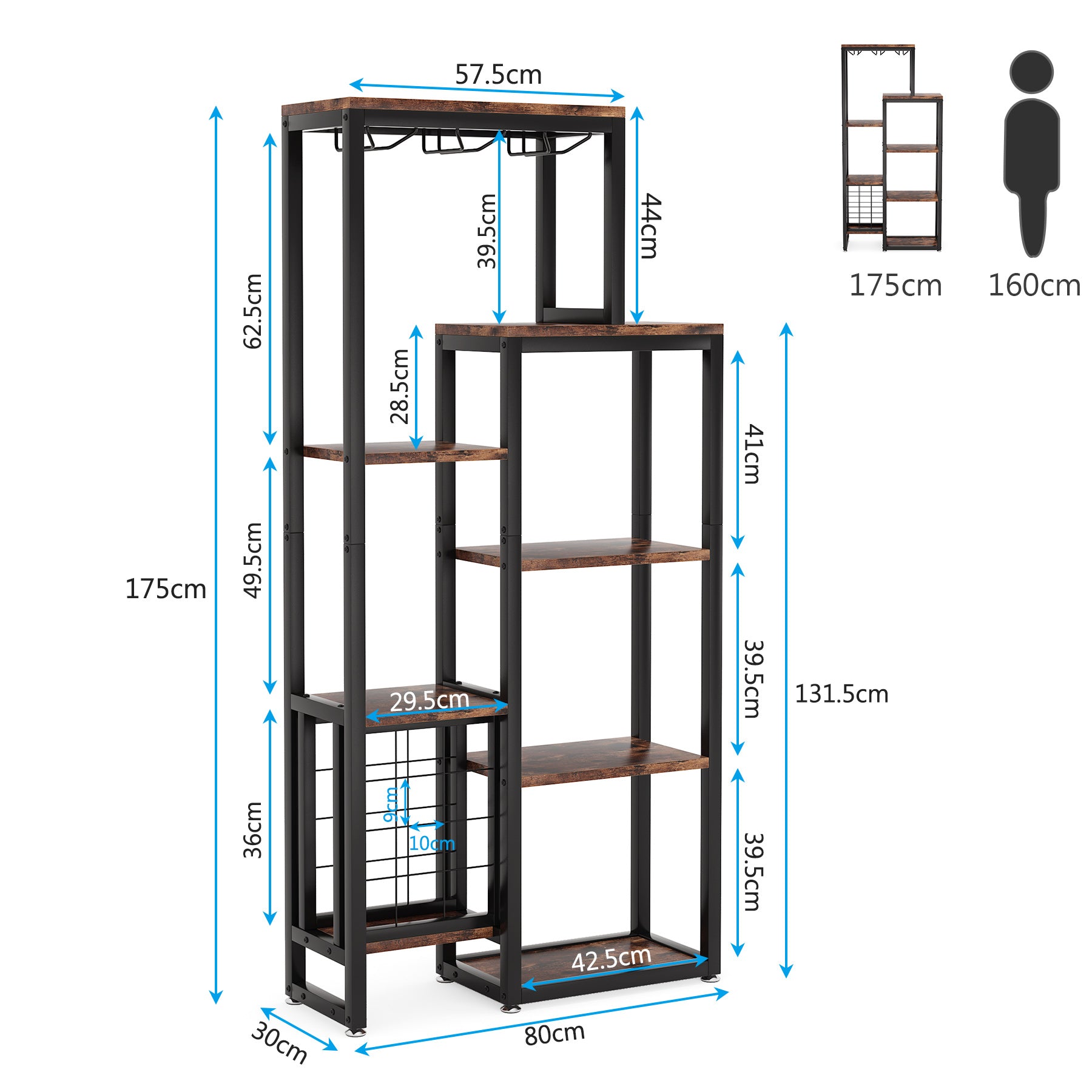 LANTINE Casier à vin, Base autoportante, Étagère à vin de cuisine 5 niveaux avec porte-verres et rangement à vin, Casier à vin industriel, Meuble bar à vin, Pour bar, cuisine