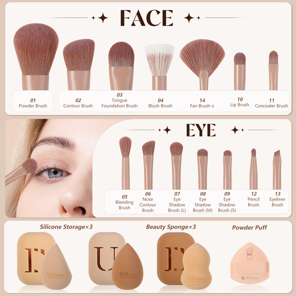 DUcare Série Café Pinceaux de Maquillage de Luxe 14 Pcs et 3 Pcs Éponges à Maquillage pour Cadeaux de Fêtes avec Élégante Boîte Cadeau