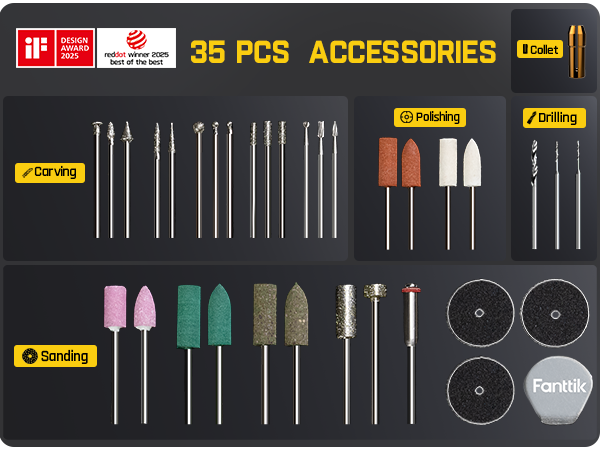 Fanttik F2 Master Mini kit de perceuse rotative sans fil NeoPulse avec 5 vitesses, 25 000 tr/min, Revostor Hub, 35 accessoires et fonctions ponçage, polissage, perçage et gravure