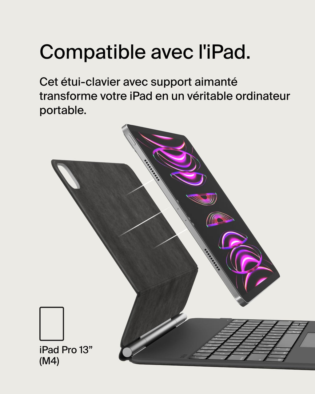 Belkin Pro Étui clavier pour iPad avec support magnétique, rétroéclairé, touches tactiles multipoints, compartiment pour Apple Pencil, clavier sans fil AZERTY pour iPad M4 Pro 13"