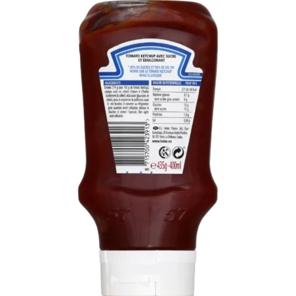 HEINZ Ketchup Tomate, 50% Moins de Sucre et de Sel, Flacon à Pression Inversible, 435g