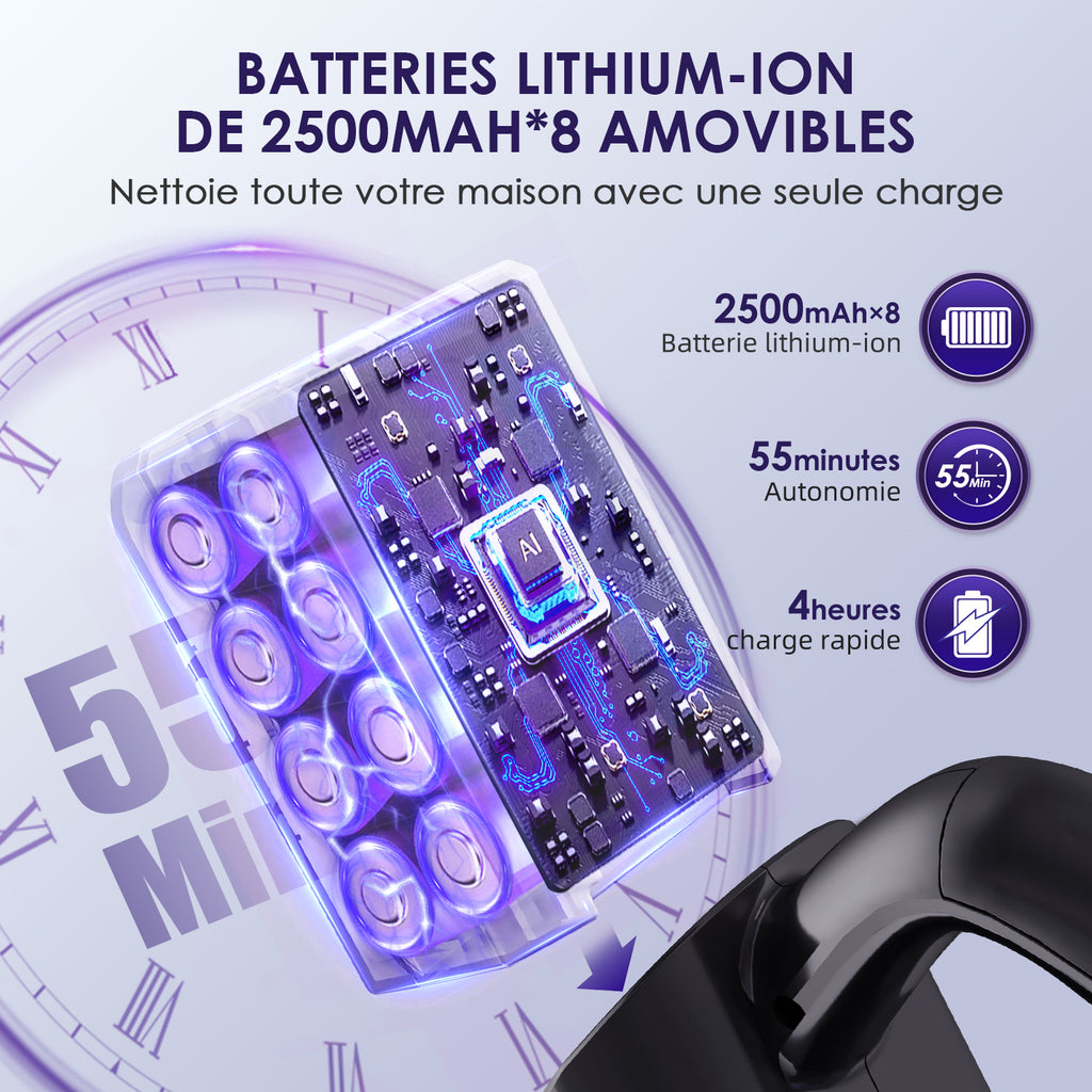 Aspirateur sans fil Daynee, aspirateur sans fil 55 kPa, aspirateur sans fil avec tuyau et brosse pour animaux, HEPA*4 pour poils d'animaux, tapis et sols durs