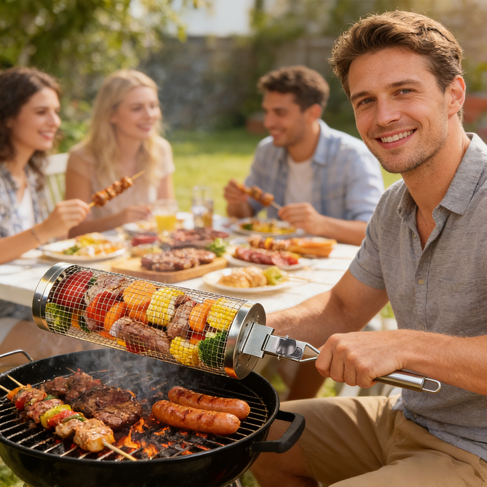 Huacan Panier cylindrique rotatif pour barbecue, grille de barbecue détachable en acier inoxydable, outil de barbecue fumé, portable extérieur 1 pièce