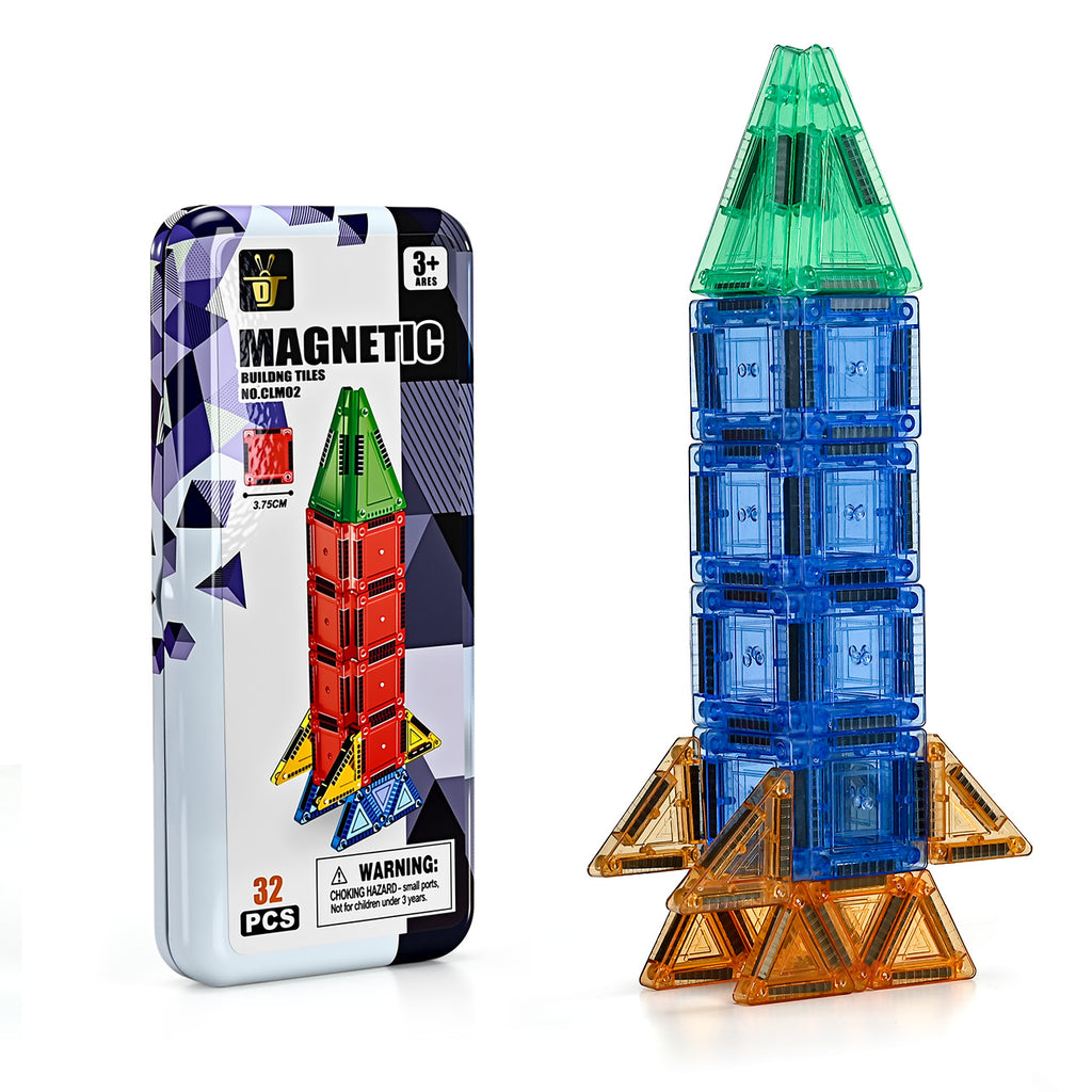 Tokky Jeu de Tuiles Magnétiques de 32 Pièces Boîte en Fer-Blanc Portable Jouet de Construction Éducatif d'Introduction Aspiration Magnétique Forte Matériau ABS Sûr Voyage Portable CLM02