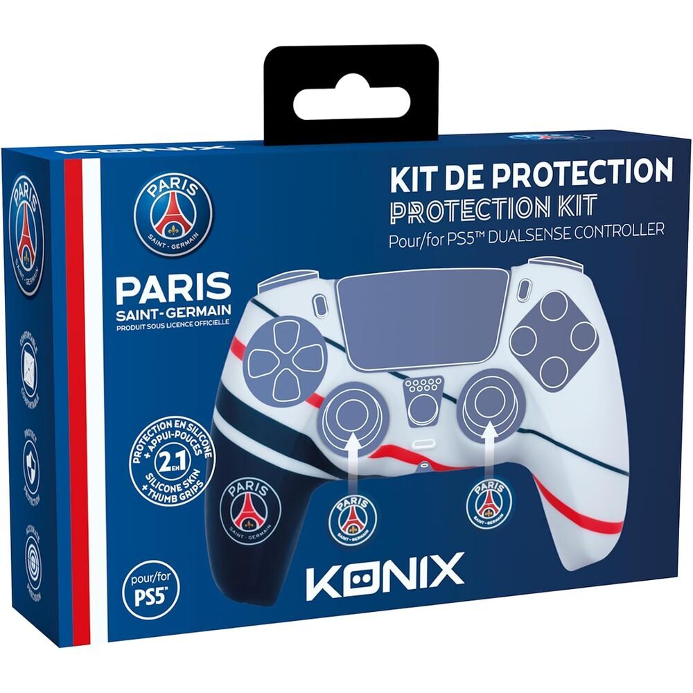 Konix PSG Coque de protection pour manette DualSense PS5 - Silicone - Appuie-pouces - Bleu, blanc et rouge