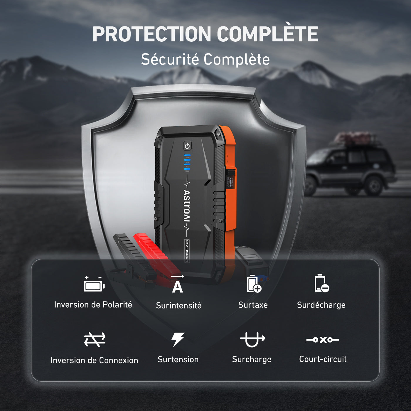 AstroAI S8 Batterie de démarrage pour voiture, booster de démarrage portable 12 V pour moteurs essence jusqu’à 6,0 L et diesel jusqu’à 3,0 L, lampe torche à 3 modes et câble de démarrage
