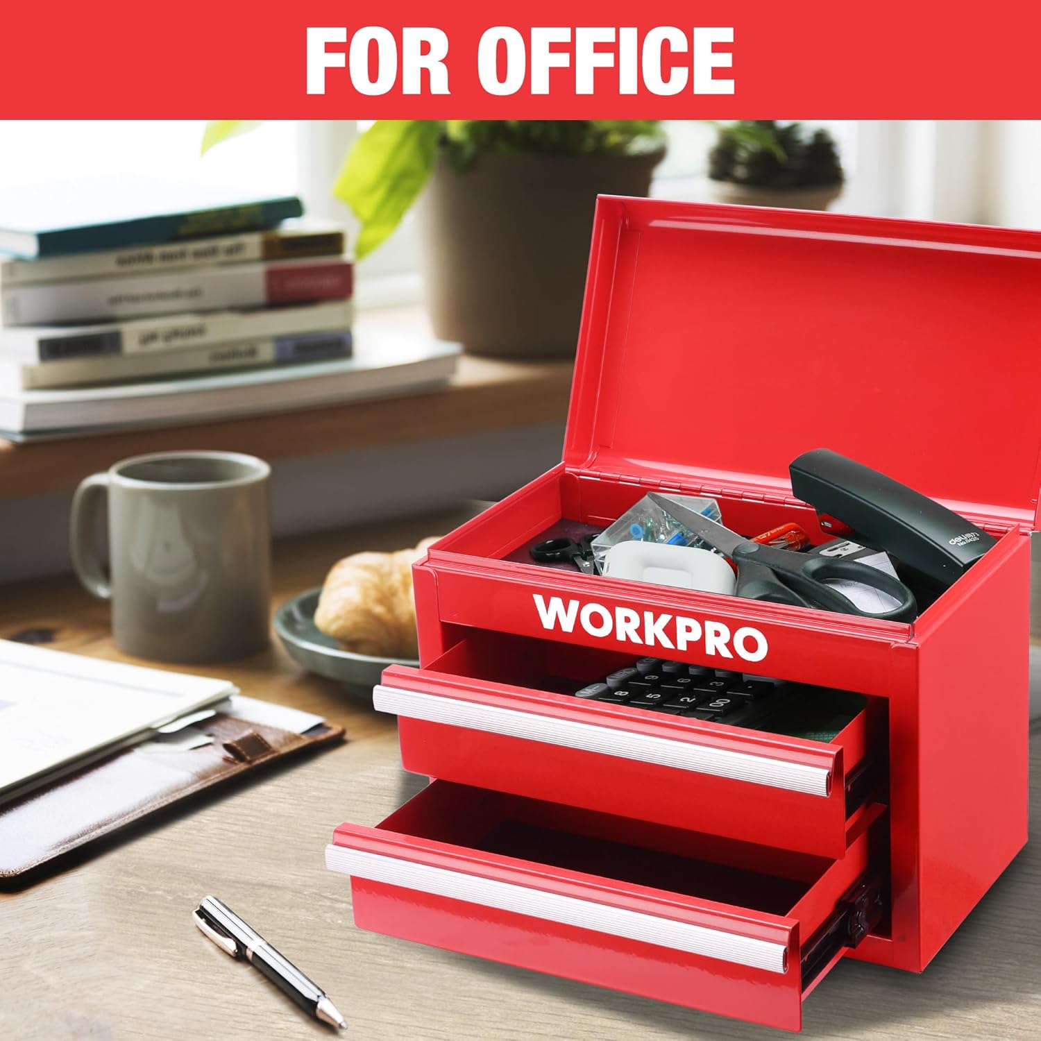 WORKPRO Boîte à tiroirs métallique avec 2 tiroirs et espace de rangement supérieur, Rouge, 27,5 x 15 x 20,8 cm, Organiseur de table avec tiroirs pour bureau, vestiaire et poste de travail