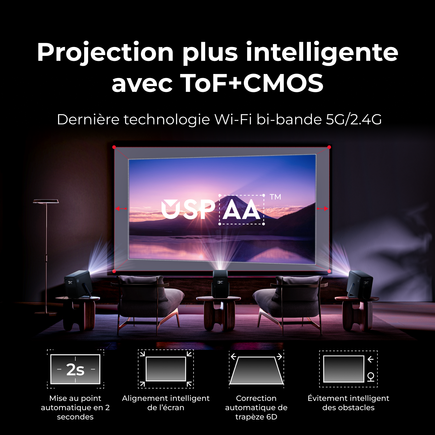 ULTIMEA Projecteur Poseidon E40 1000 lumens ANSI natif 1080P, compatible 4K, Android TV 11.0 & Netflix, mise au point automatique & correction trapézoïdale automatique 6D