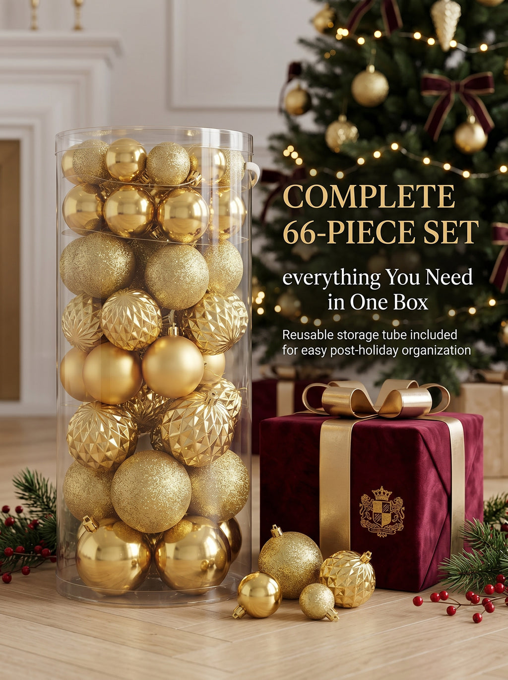 Ju7cer 66 boules de Noël dorées, mini boules de Noël en plastique incassable 4-8 cm, 4 tailles différentes de boules de Noël, convient pour la décoration intérieure et extérieure des fêtes de Noël