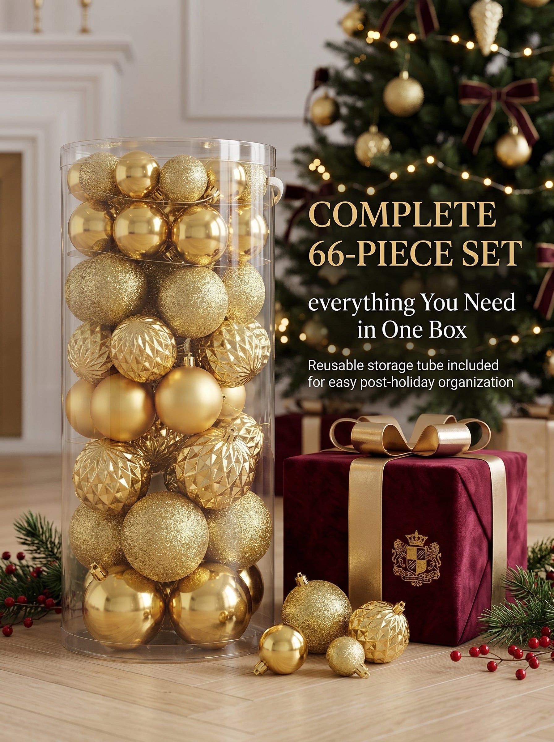 Ju7cer 66 boules de Noël dorées, mini boules de Noël en plastique incassable 4-8 cm, 4 tailles différentes de boules de Noël, convient pour la décoration intérieure et extérieure des fêtes de Noël