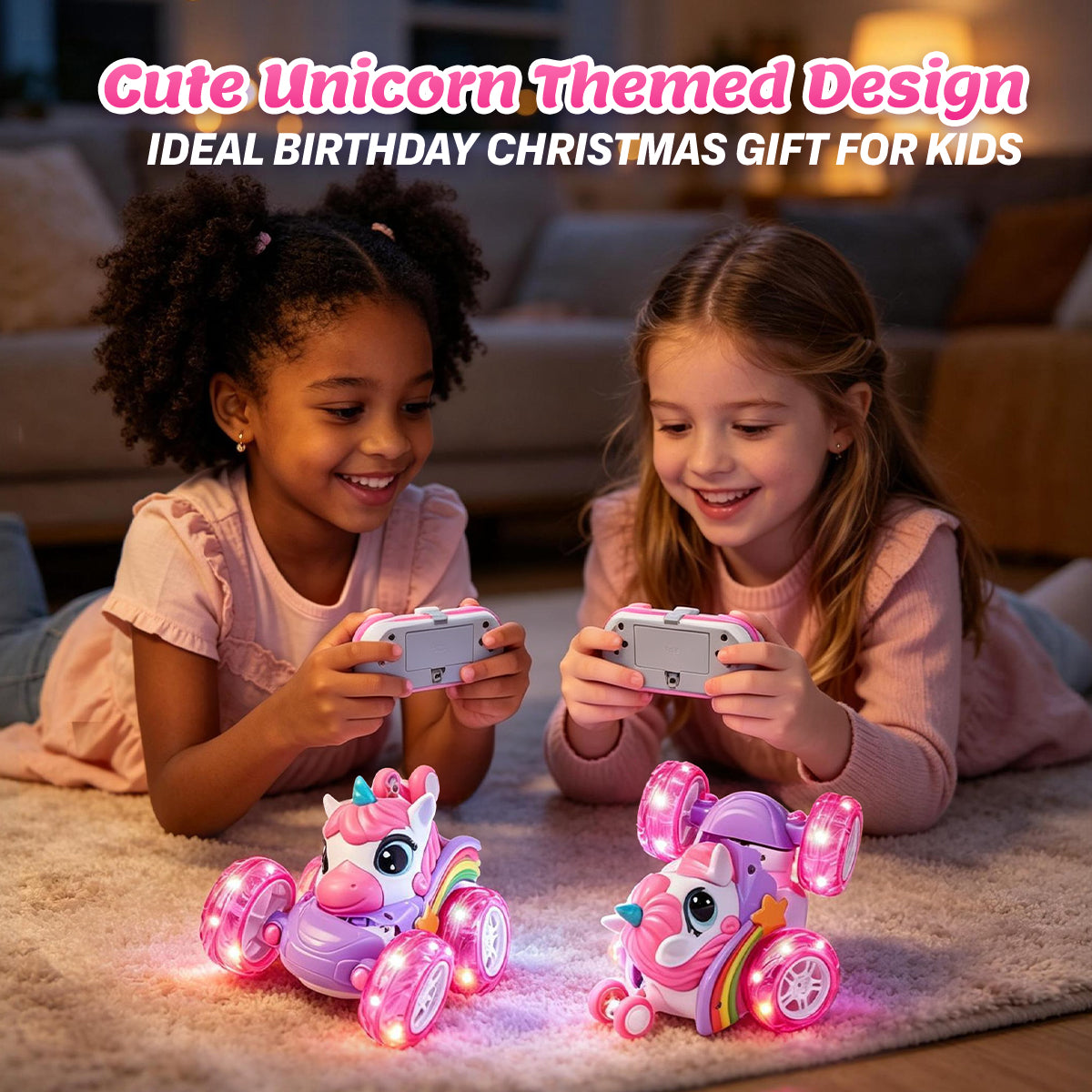 Voiture de Cascade de Licorne Télécommandée pour Enfants, Camion Télécommandé à Rotation de 360 Degrés avec Roues Lumineuses, Cadeau de Voiture Jouet Rechargeable Thème Licorne Rose Violet Mignon pour Petites Filles Âge 3+