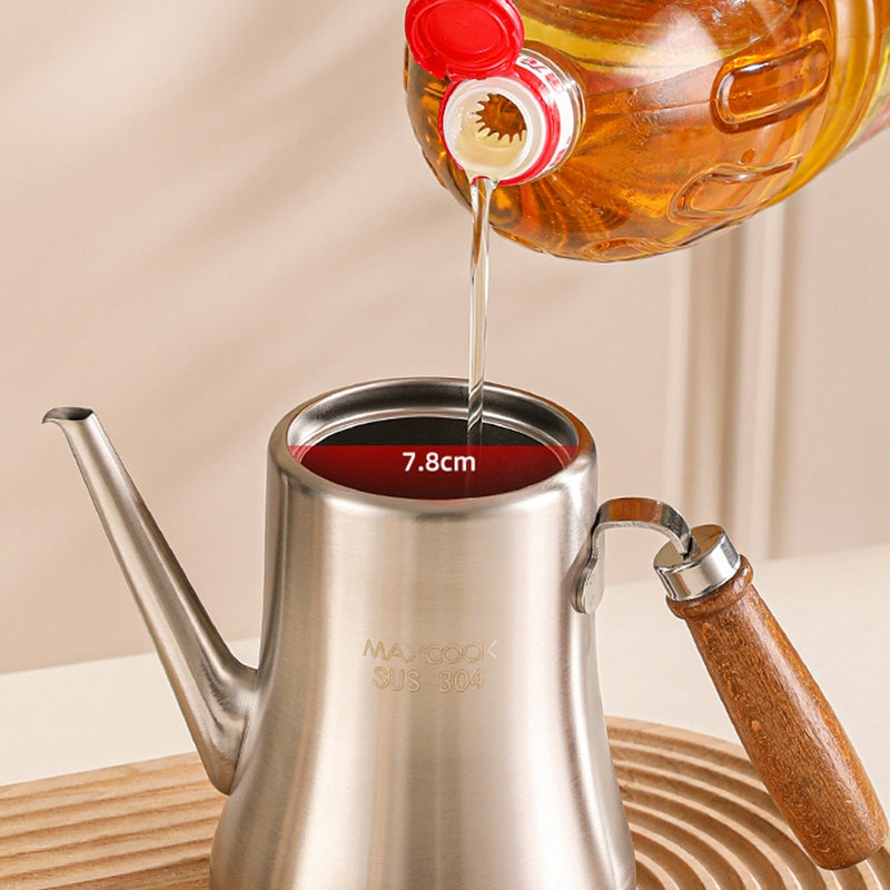 Maxcook bouteille pour huile d’olive et huile de cuisine en acier inoxydable 304 (33.8 onces/1000 ml) - bouteille à huile antifuite - poignée en bois de hêtre