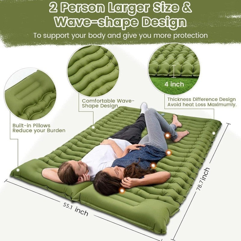VXOYO Tente de couchage double de camping 200 x 160 cm tapis gonflable ultra-léger avec oreiller intégré et pompe à pied, dimensions emballé 29 x 16 x 16 cm, poids 1,7 kg, vert double